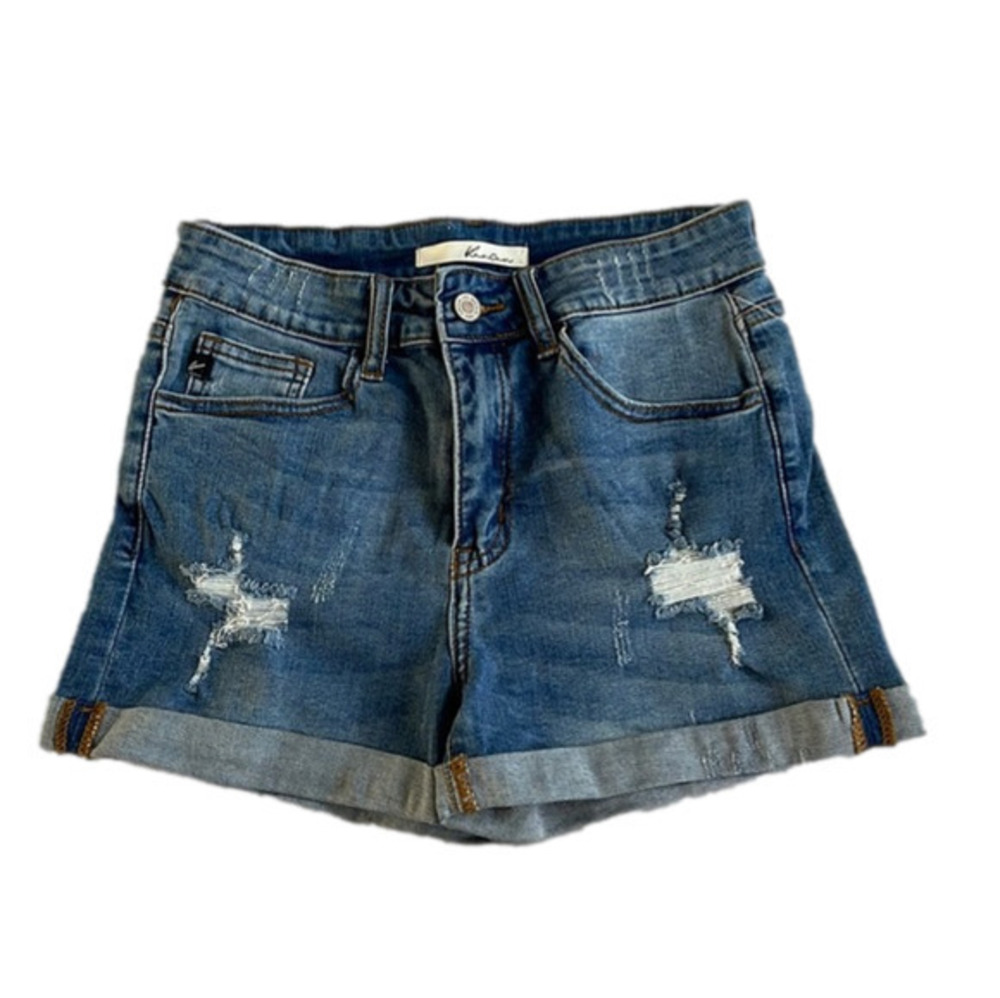 Kancan mid rise medium wash distressed five pocket size 5 size 26 jean shorts